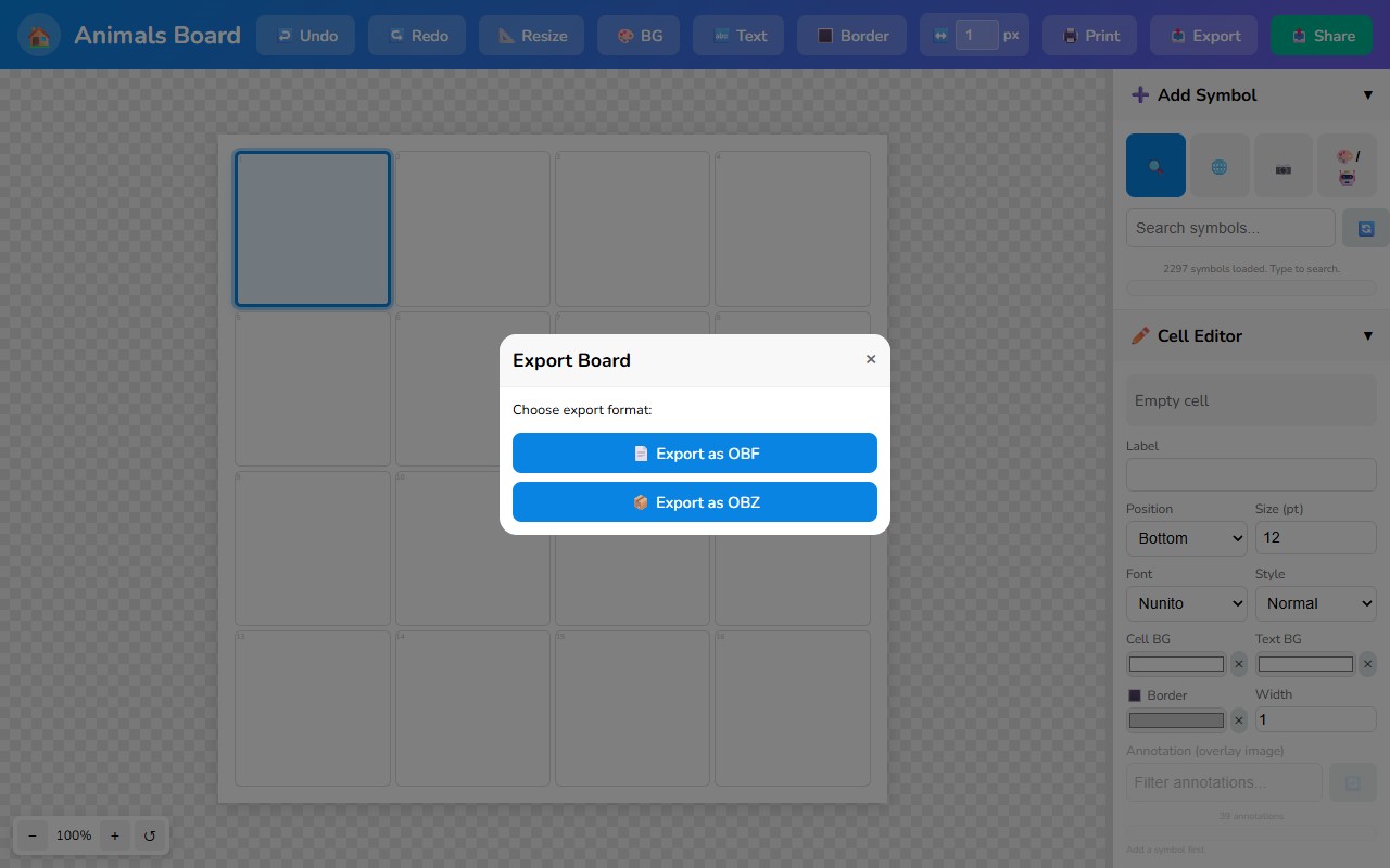 The Export dialog with OBF and OBZ options