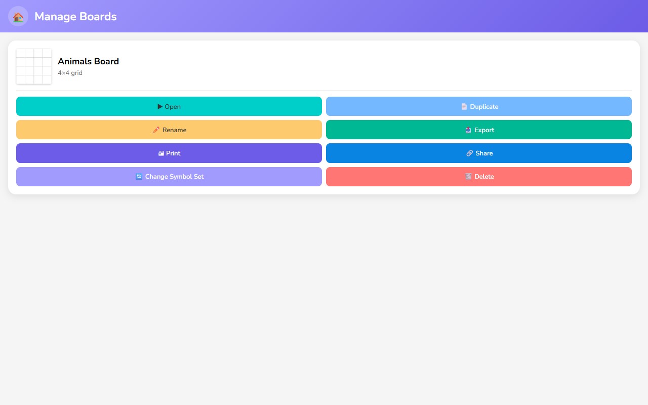The Manage screen with board cards and action buttons
